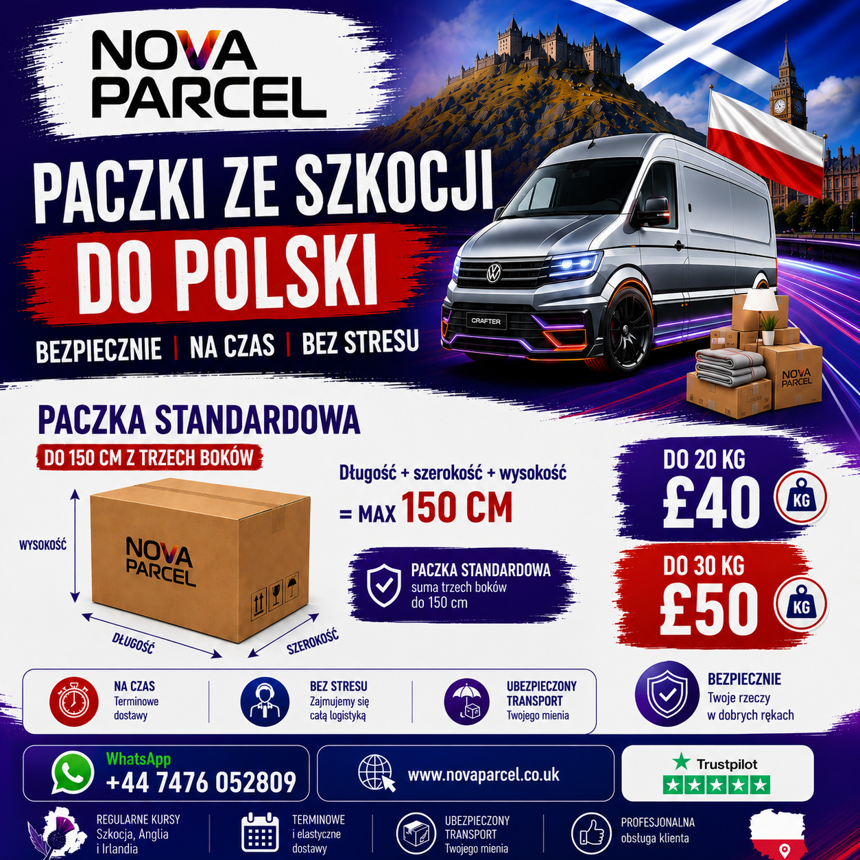 Nova Parcel — paczki z Polski do Szkocji: do 20 kg i do 30 kg, door-to-door z ubezpieczeniem