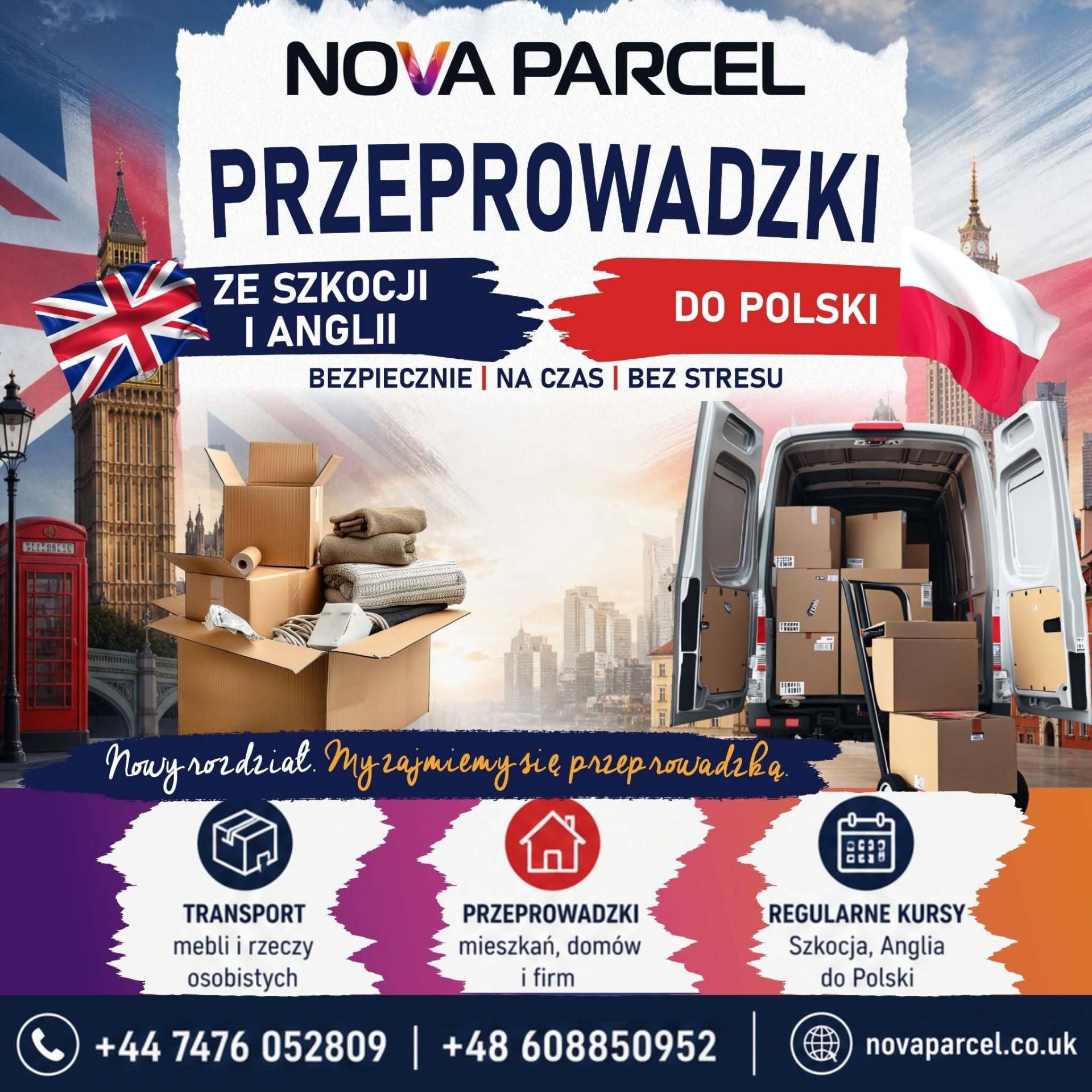 Nova Parcel — przeprowadzki ze Szkocji i Anglii do Polski: transport mebli, przeprowadzki mieszkań i regularne kursy
