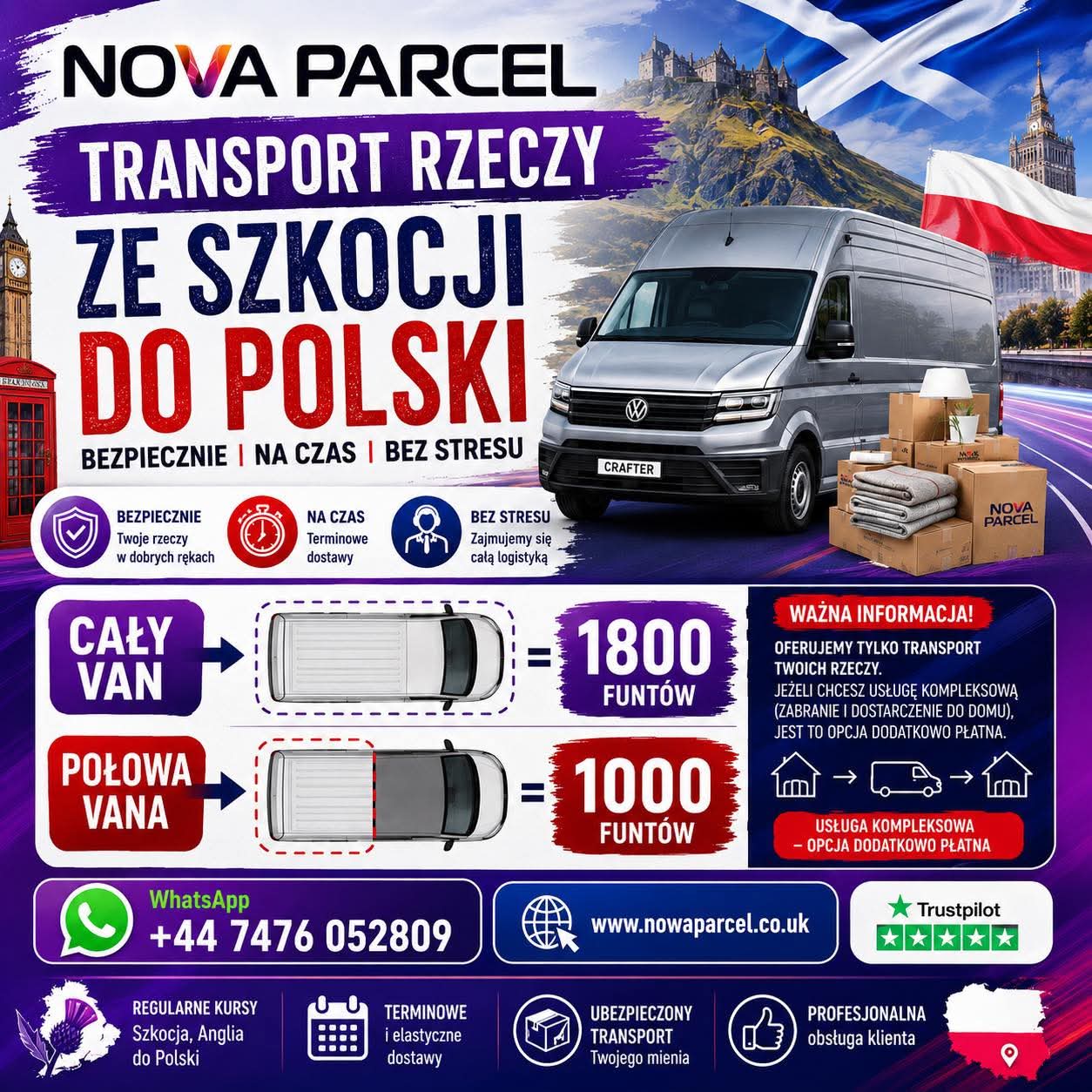 Cennik transportu Szkocja-Polska: cały van 1800 funtów, połowa vana 1000 funtów — Nova Parcel
