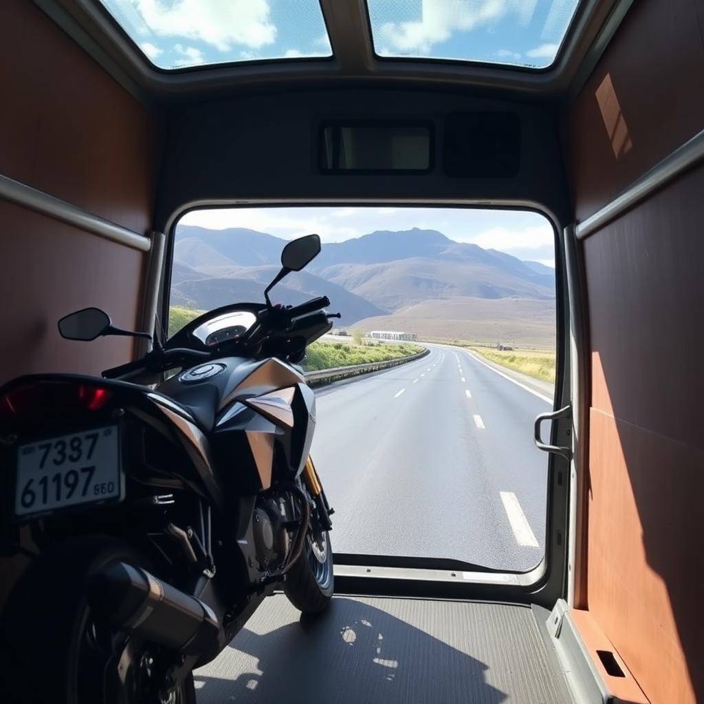 Motocykl mocowany w kołysce wheel chock w busie Nova Parcel na trasie Szkocja–Anglia