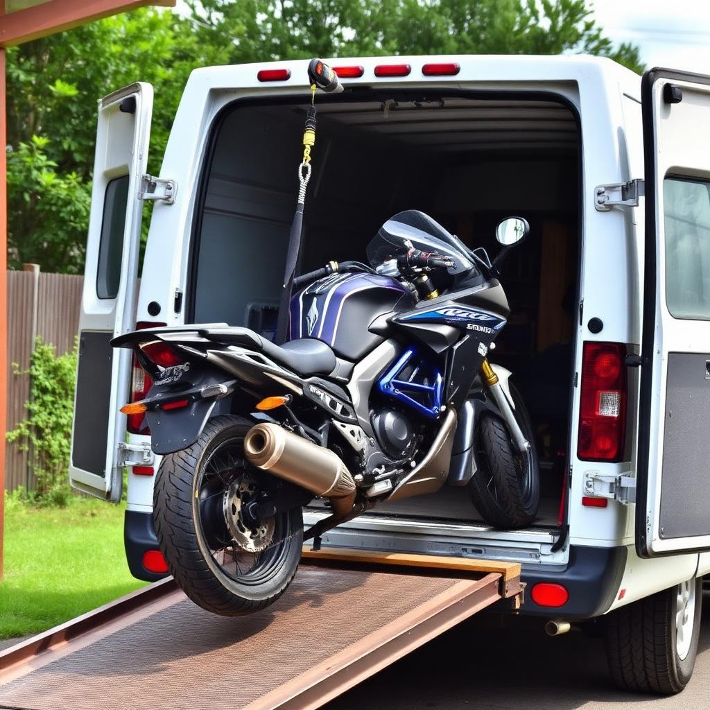 Motocykl po kolizji ładowany wyciągarką na busa Nova Parcel — transport uszkodzonego motoru ze Szkocji do Polski