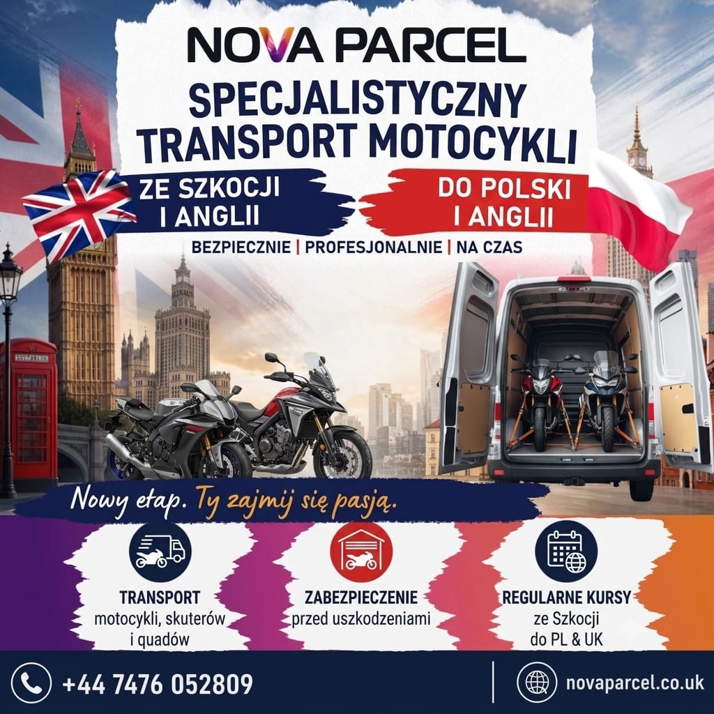 Specjalistyczny transport motocykli Nova Parcel ze Szkocji i Anglii do Polski — motocykle zamocowane w kołyskach transportowych w busie, bezpieczny przewóz Harleyów, sportowych i enduro