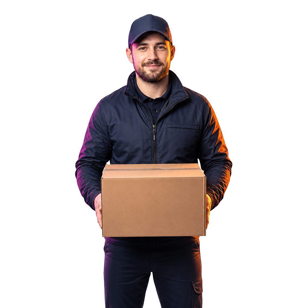 Kurier Nova Parcel odbierający zapakowaną paczkę pod drzwiami klienta w Szkocji — bezpieczna wysyłka door to door ze Szkocji do Polski z ubezpieczeniem i śledzeniem