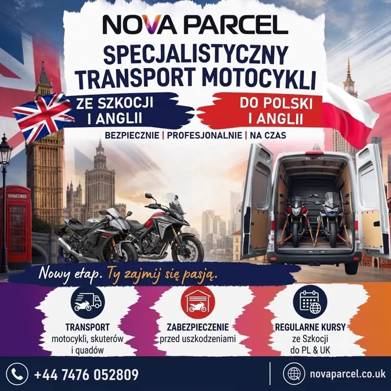 Transport motocykli z Anglii do Szkocji — motocykl zabezpieczony w kołysce transportowej w busie Nova Parcel