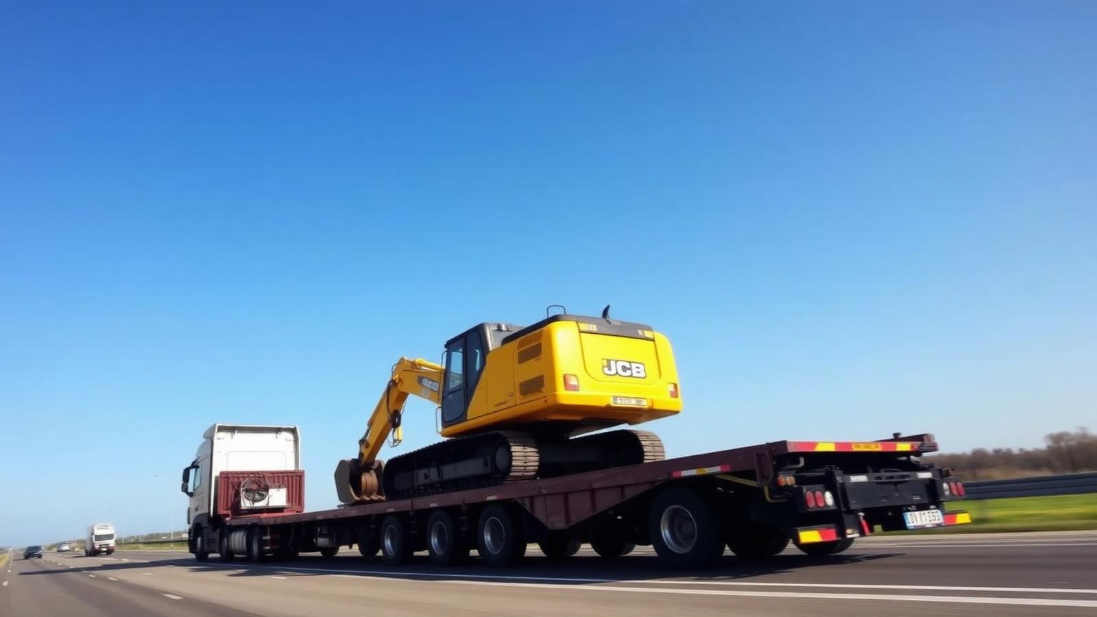 Low-loader Nova Parcel z koparką JCB na trasie Szkocja–Polska