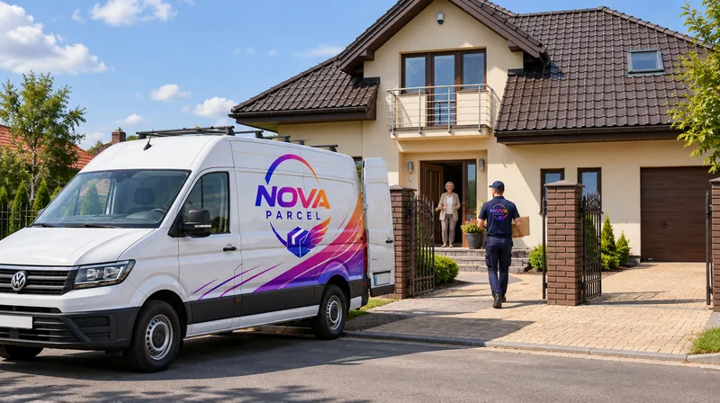 Kurier Nova Parcel niesie paczkę do domu, przed bramą stoi bus Nova Parcel