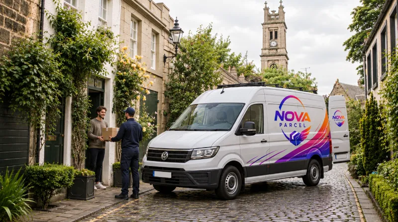 Kurier Nova Parcel odbiera karton od klienta na uliczce w Edynburgu