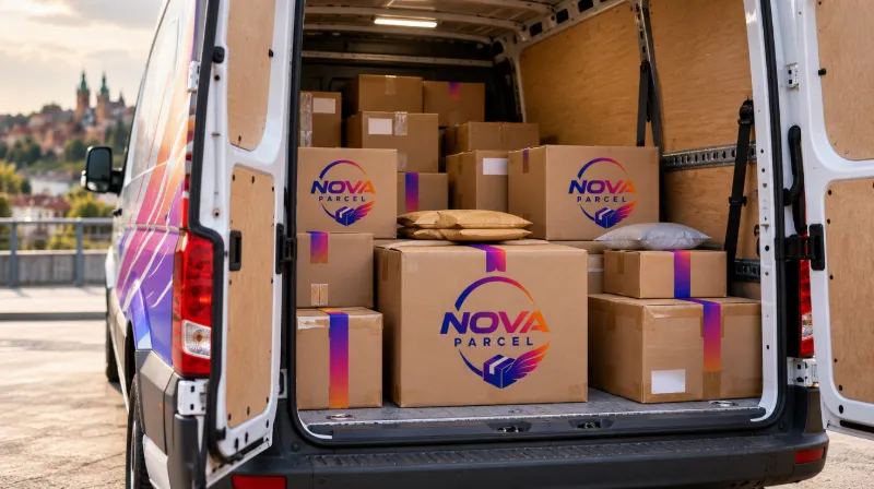 Bus Nova Parcel załadowany kartonami z logo firmy