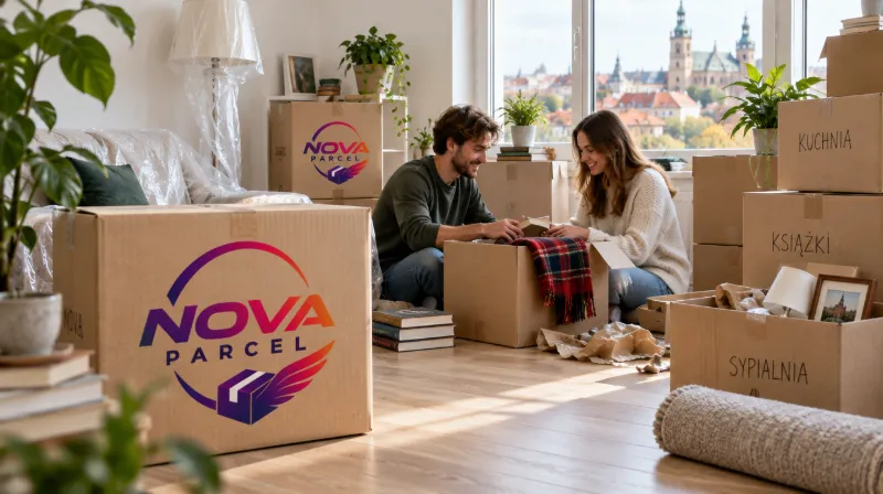 Para rozpakowuje kartony Nova Parcel w nowym mieszkaniu z widokiem na Kraków